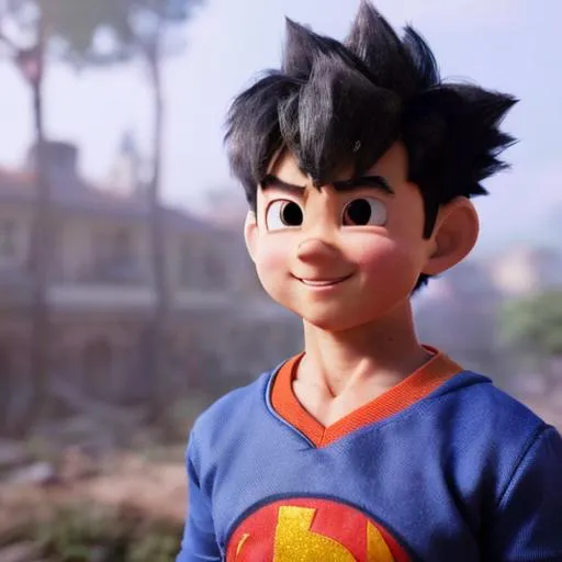 Prompt: Son Goku, cute young boy, Disney, pixar, colorful, capsule city, high detail, intricate, made of plastic, 3D Rendering, highly detail, elegant, sharp focus, illustration