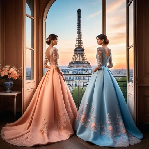 Prompt: Bathed in the soft glow of a Parisian sunset, two elegantly dressed women stand poised in front of an expansive window, showcasing a stunning view of the Eiffel Tower. The first woman, adorned in a flowing peach gown with delicate lace sleeves, captures attention with her serene expression turned slightly towards her companion. The second, donning a vibrant blue dress embellished with intricate floral embroidery, mirrors her elegance while gazing out at the picturesque skyline. The warm hues of the sunset blend seamlessly with the cool tones of their gowns, creating a harmonious color palette that enhances the romantic atmosphere. The scene evokes a sense of timeless beauty and sophistication, celebrating fashion and the enchanting allure of Paris.