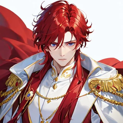 Prompt: Zerif 1male (Red side-swept hair covering his right eye) wearing a royal suit, white cape, 