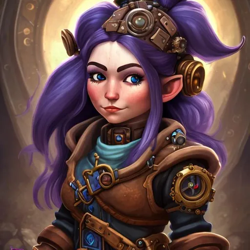 Prompt: Portrait of a female Gnome artificer with long dark hair, hyperrealistic, steampunk equipment, world of warcraft inspired, 4k, neutral background.