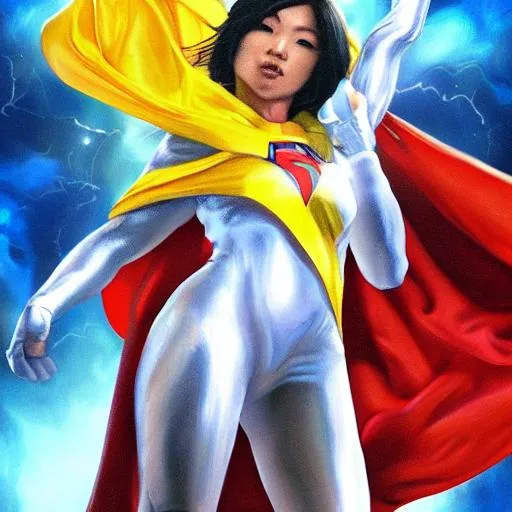Prompt: UHD, , 8k, high quality, oil painting, hyper realism, Very detailed, zoomed out view of character, full body of character is seen, character portrait that is zoomed out, Japanese female superheroine who is summoning cosmic rays and wearing a white superhero outfit that shows off her arms, she has a black and yellow cape and has black boots and fingerless gloves