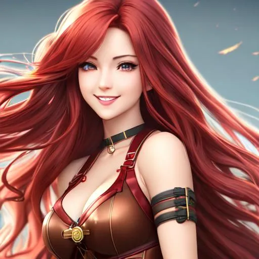 Prompt: extremely realistic, hyperdetailed, extremely long red wavy hair anime girl, deep red blush, smiling happily, wears steampunk clothing, toned body, showing abs midriff, highly detailed face, highly detailed eyes, full body, whole body visible, full character visible, soft lighting, high definition, ultra realistic, 2D drawing, 8K, digital art