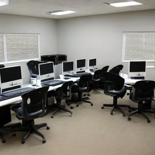 Prompt: computer room with 21 computers