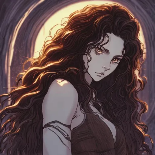Prompt: A beautiful young woman, slightly wavy black hair, brown skin, 90s anime, 80s anime, dark colors, Castlevania symphony of the night style, berserk style, vampire hunter d style, ghibli studio style, anime screencap, Bloodborne style, castle, moon, night beautiful young woman, wavy dark hair, brown skin, 90s anime, 80s anime, dark colors, Castlevania symphony of the night style, berserk style, vampire hunter d style, ghibli studio style, anime screencap, bloodborne style, castle, moon, night
