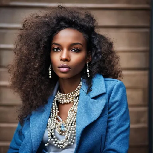 Prompt: Black sophisticated woman in blue jacket and pants with tight curly hair bejeweled in pearls 