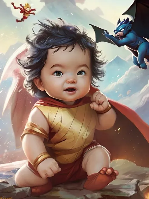 Prompt: baby Marvel super hero, thunder in right hand, between mountains,  Dragon on background, maintain the original face