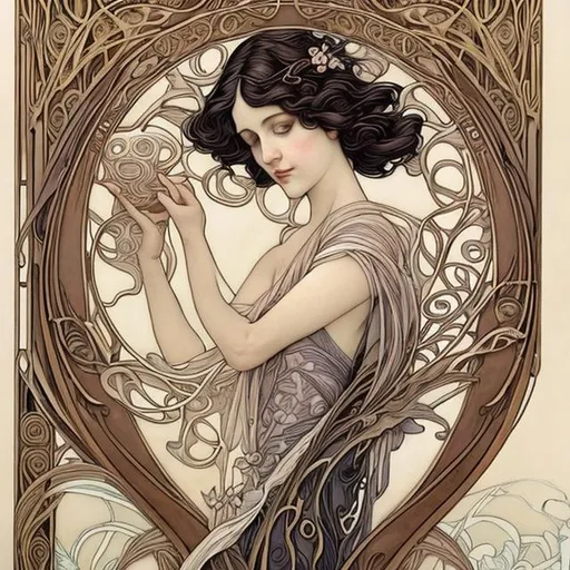 Prompt: Create a stunning Art Nouveau painting that embodies the elegance and organic motifs of the Art Nouveau movement. Incorporate flowing lines, intricate details, and nature-inspired elements such as flowers, vines, and ornate patterns. Use a color palette that evokes the soft, pastel tones often seen in Art Nouveau art, and convey a sense of harmony and grace in your composition.