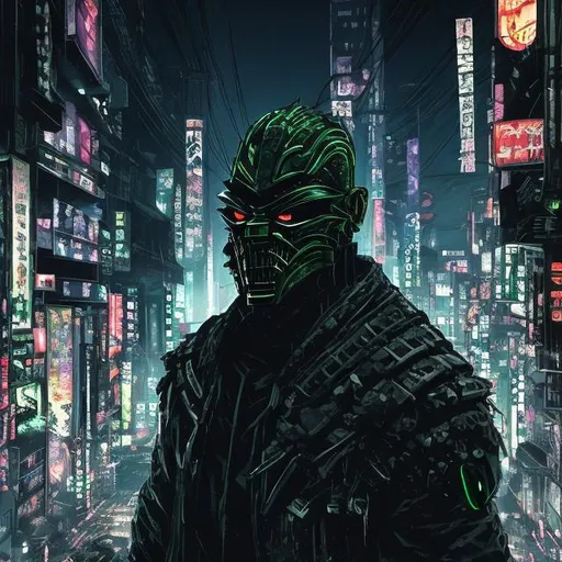 Prompt: Original villain.  Brawn. devious. Very Dark image with lots of shadows. Background partially destroyed neo Tokyo. Noir anime. Gritty. Dirty. Black with neon forest green accents. armour. Creepy mask. Bionic enhancements. 