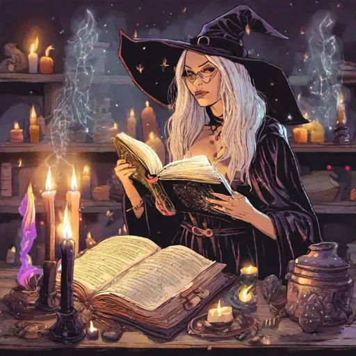 Prompt: single witch in the middle reading out of a spell book for a seance magic candles and crystals in the background