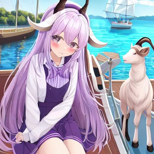 Prompt: goat girl on a boat sailing away purple