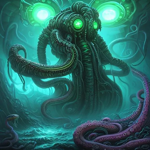 Prompt:  fantasy art style, painting, deep ocean, robotic, green, green lights, green neon lights, lightning, colourful, murky, H. R. Giger, waves, misty, biological mechanical, pipes, snakes, serpents, eels, tentacles, octopus, jellyfish, squid, giant robot, pregnant robot, inseminate, insemination, pregnancy, mother