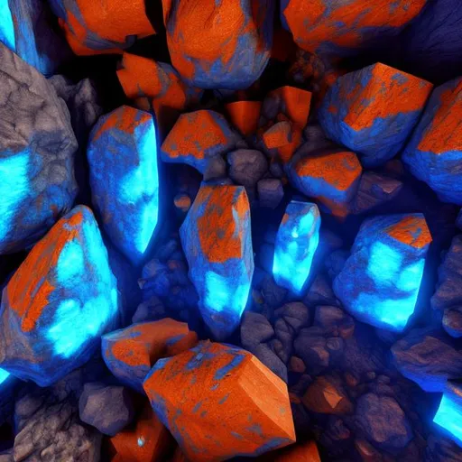 Prompt: Cyberstone a blue and orange glowing ore found in cave walls