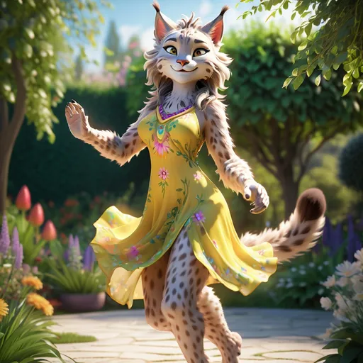 Prompt: photorealistic furry character, (ultra-detailed), (best quality), ( tall alluring lynx girl furry ), (lifelike tall ‘furry’ character) with (((lynx attributes in a slim, human like hybrid humanoid form with lynx colored limbs and fur))), smiling and dancing gracefully in a vibrant garden, wearing a flowing translucent sun dress, soft sunlight creating delicate shadows, lush greenery and colorful flowers surrounding her, a whimsical and enchanting ambiance, capturing motion and vitality, magical feel of a sunny day, serene atmosphere.