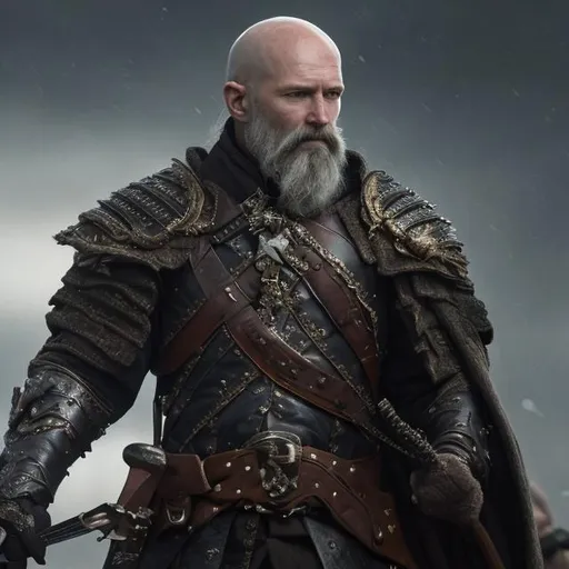 Prompt: uhd, very detailed, noble, exiled, swashbuckler,  bald, no hair, bald, long lenth gray beard, 40 years old, black coat over armor, strong, determined, full character view, plain background, fantasy