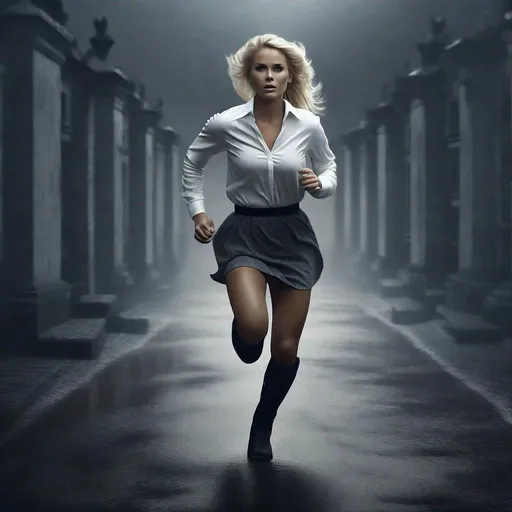 Prompt: Photorealistic image.
beautiful Swedish WOMAN running toward viewer.
WOMAN is ideal human; afraid; toned body; symmetrical face; blond hair; wearing white shirt, loose dark skirt, knee socks, and black boots.
Damp Environment
Ultra details
Full length Image
Ambient dusk lighting
MATT grey background
Ultra HD, 4K