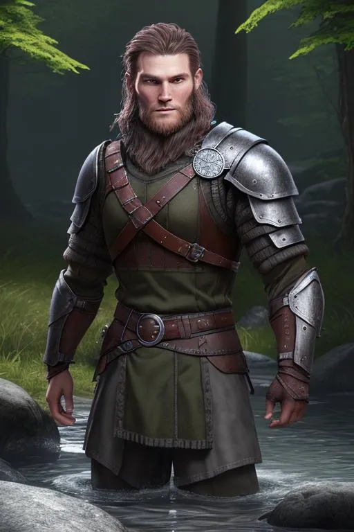 Prompt: Digital art, (((DreamShaper Version 1))), a 21-year-old viking man, subtle smile, round head, round face, short dark brown hair, brown hair, muscular, viking forest, green gear, silver armor, light green eyes, Tidal Class seal on chest armor, unreal engine 8k octane, 3d lighting.