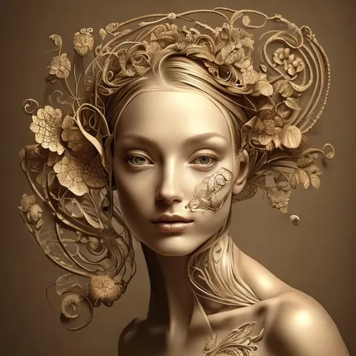 Prompt: insanely beautiful portrait of a woman, anatomically perfect, golden ratio, highly detialed and intricate, elegant , mysterious, flowers, 3 D