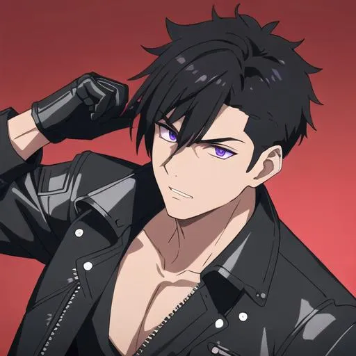 Prompt: Male (Short black hair falling between the eyes with an undercut,  purple eyes and a femine body) Leather jacket and a black shirt and ripped denim jeans, around his neck, black leather gloves. Highly detailed, 8K, Insane detail, best quality, UHD