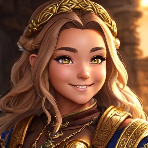 Prompt: oil painting, D&D fantasy, gold dwarf girl, tanned-skinned-female, stocky, beautiful, short bright dirty brown hair, wavy hair, smiling, looking at the viewer, cleric wearing intricate adventurer outfit, #3238, UHD, hd , 8k eyes, detailed face, big anime dreamy eyes, 8k eyes, intricate details, insanely detailed, masterpiece, cinematic lighting, 8k, complementary colors, golden ratio, octane render, volumetric lighting, unreal 5, artwork, concept art, cover, top model, light on hair colorful glamourous hyperdetailed medieval city background, intricate hyperdetailed breathtaking colorful glamorous scenic view landscape, ultra-fine details, hyper-focused, deep colors, dramatic lighting, ambient lighting god rays, flowers, garden | by sakimi chan, artgerm, wlop, pixiv, tumblr, instagram, deviantart