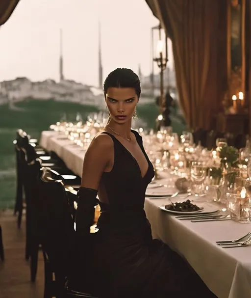 Prompt: a woman in a black dress sitting at a table, inspired by Peter Lindbergh, beautiful setting, long table, italian looking emma, adriana lima