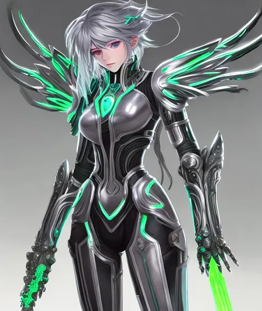 Prompt: female, long silver and green glowing hair, wearing black gloves, green and silver scifi armor, V1 pneuma wings ULTRAKILL
, Xenoblade 2 , conceptart , scifi sword