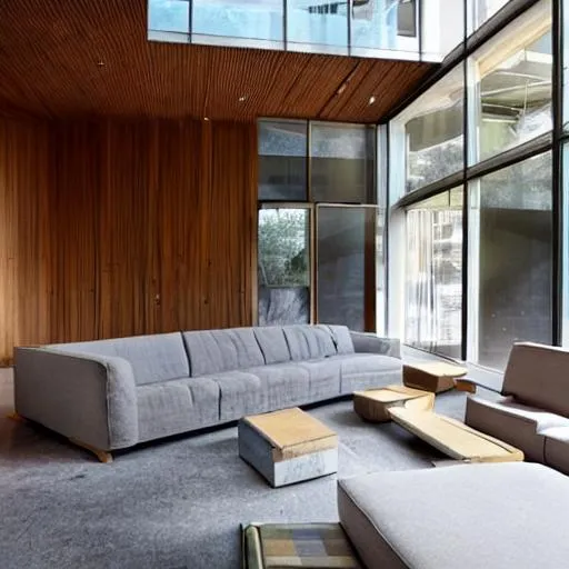Prompt:  a brutalist architecture Conversation pit
 with lots of natural light.