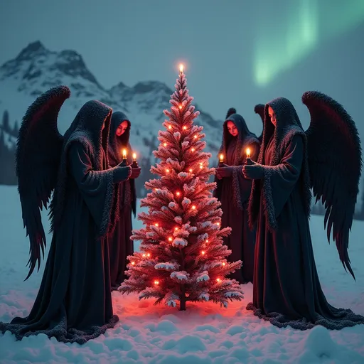 Prompt: Dark Angels Christmas Gathering
A surreal winter scene featuring dark-winged angels standing around a glowing crimson Christmas tree. They hold black candles, and their faces are partly obscured by snow and shadows. In the background, snowy mountains and a dim aurora borealis add an otherworldly touch.