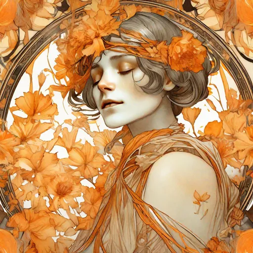 Prompt: "thin lines, Alphonse Mucha dynamic lighting hyperdetailed intricately detailed Splash art triadic soft colors, watercolour Portrait of SCELETON covered in orange flowers, roaring 20s aesthetic, realistic SCELETON, Black and orange, masterpiece hyperrealistic soft watercolour Portrait, thin Paintbrush orange floral, high Resolution SCELETON covered in orange and black flowers, gold autumn Ornaments"