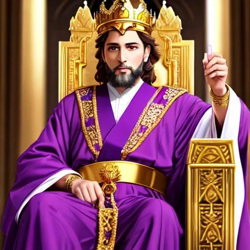 Prompt: King Solomon with purple robes and a golden crown.