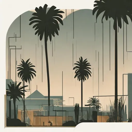 Prompt: You're inside a dark, concrete room and it is the golden hour. There is a large window that has thick, horizontal blinds and steel framing. Outside you can see a palm trees. There is a smokey, haze in the air from burning incense. It is a dark, cozy setting. Illustration. Art. Modern architecture with art deco elements. Hazy room.