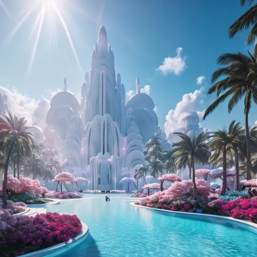 Prompt: view of neoclassical and monumental alien city in the middle of jungles of strange light blue trees and blue ,white and pink  flowers ,cian grass, surreal and unique prehistoric white palms,volumetric light, organic forms ,clear image,lights,photorealistic,hyper realistic,ultra detailed, concept art, octane render,cloudy sky, sunlight, wide angle lens, mint color,8k