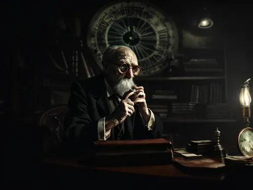 Prompt: an aged man with a monocle reading and holding strange object in a horror eerie atmosphere eldritch office   from behind