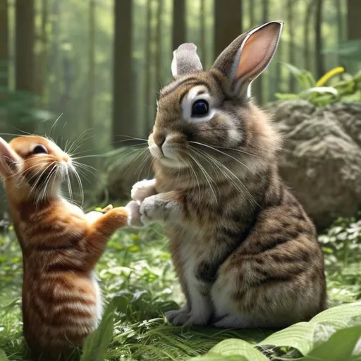 Prompt: A scene of the nature of the forest in which a cat is petting a rabbit