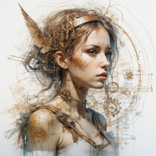 Prompt: Magical Mathematics two parts in one art double exposure otherworldly Steampunk Angel, Complex Numbers, math, formulas trigonometry geometry & tribal symbols movie composition Golden Ratio best quality Carne Griffiths Ralph Horsley cute,