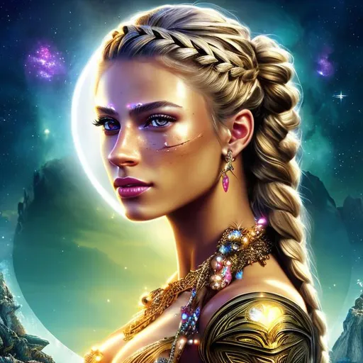 Prompt: HD 4k 3D 8k professional modeling photo hyper realistic beautiful warrior woman ethereal greek goddess of courage
yellow colored hair in braids hazel eyes gorgeous face brown skin freckles shimmering armor with gems jewelry laurel headpiece full body surrounded by magical glowing  light hd landscape background standing on boat with weapons ocean wind