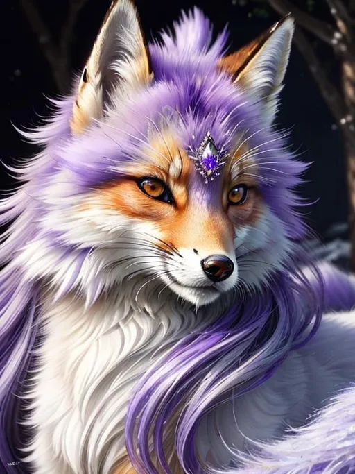 Prompt: (Best quality, highly detailed, professional oil painting, epic digital art, masterpiece:1.5), highly detailed portrait of gorgeous beautiful wise silvery-lavender ((fox)), (quadruped), gleaming {amethyst eyes}, sharp 8k eyes, thick extravagant sparkling lavender fur covered in frost, extravagant bushy tails, voluminous frosted mane, (plump), {purple mountain peaks}, (brilliant auroras), glistening (moonlight), pink twilight sky, UHD, HDR, studio quality, vibrant, cold colors, neon colors, vivid colors, full body focus, relaxing in frosted meadow, intricately detailed fur, beautifully detailed expressive eyes, intricately detailed face, highly detailed background, highly detailed mouth, vibrant, vivid colors, 64K, 3D, unreal engine, perfect composition, Yuino Chiri