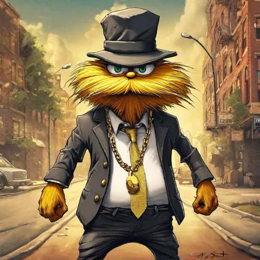 Prompt: the lorax as a street gangster, gold chain