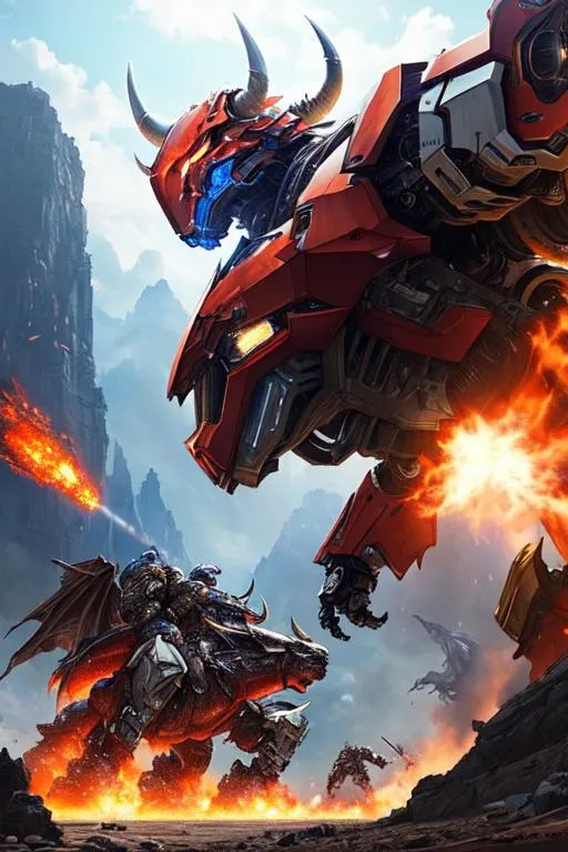 Prompt: 2 mechs fighting, Poster art, high-quality high-detail highly-detailed breathtaking hero ((by Aleksi Briclot and Stanley Artgerm Lau)) - ((Bull )), bull head, UHD, 64k, full form, bull helmet, fighting a dragon mech, dragon mech black and blue, detailed carbon fibre red and black and ultra white mech suit, 8k mech helmet, detailed glowing chest emblem, detailed mech futuristic full body, highly detailed bull face, smoke from nostrils,  with mech armor, add some green,walking through destroyed city ,carbon fibre helmet, red mech armor, fire eyes , detailed skin, detailed mech armour, full body, futuristic mech armor, wearing mech armour suit, 8k,  full form, detailed forest wilderness setting, full form, epic, 8k HD, ice, fire, luminescence , sharp focus, ultra realistic clarity. Hyper realistic, Detailed face, portrait, realistic, close to perfection, more black in the armour, full body, high quality cell shaded illustration, ((full body)), dynamic pose, perfect anatomy, centered, freedom, soul, blonde long hair, approach to perfection, cell shading, 8k , cinematic dramatic atmosphere, watercolor painting, global illumination, detailed and intricate environment, artstation, concept art, fluid and sharp focus, volumetric lighting, cinematic lighting, 
