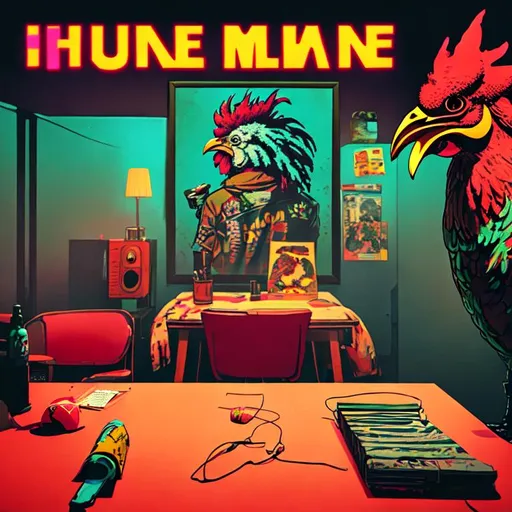 Prompt: hotline miami poster in a room with a rooster mask on the table, volumetric lighting, vice 