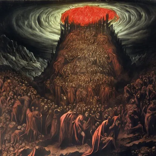 Prompt: dante's inferno inspired depiction of the apocalypse. faces are obscured. god is not merciful. show me what destroys earth. is there hope? I do not know. use color. people are looking towards something. They are reaching. there is something there.