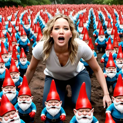 Prompt: Jennifer Lawrence being tackled by hundreds of garden gnomes, terrified, screaming