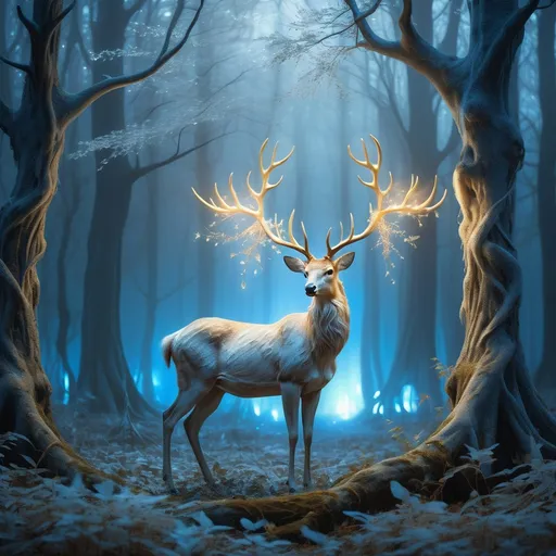 Prompt: A luminous forest clearing on a misty night, filled with an ethereal glow. In the center stands a mystical creature, the Serlumina, a glowing, shapeshifting deer with a radiant body of flowing light in pearl white, soft blue, and golden hues. Its tall, crystalline antlers branch like delicate tree limbs, each tip sparkling with starlike lights. The Serlumina’s galaxy-like eyes, swirling with violet and silver, gaze gently at the viewer, radiating an ancient and serene wisdom. Around the clearing, the dense forest is shrouded in a magical mist, illuminated by floating particles of light that drift in the air. The atmosphere is otherworldly and calm, with soft light emanating from the creature casting shimmering reflections on the trees and ground. The scene feels mystical and enchanting, evoking a deep connection to nature and celestial beauty