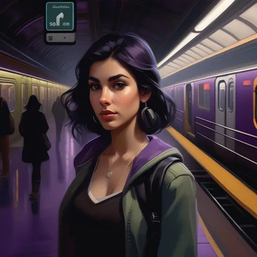 Prompt: Third person, gameplay, Argentinian girl, pale olive skin, black hair, dark brown eyes, 2020s, smartphone, NYC subway station, foggy, dark purple atmosphere, cartoony style, extremely detailed painting by Greg Rutkowski and by Henry Justice Ford and by Steve Henderson 