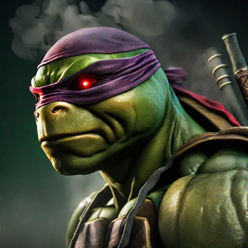 Prompt: Teenage Mutant Ninja Turtle Donatello, green, real sweaty face, realistic sweat drops, angry look, red eyes, side view, virtual reality, photorealistic, mystery, revenge, smoke, 