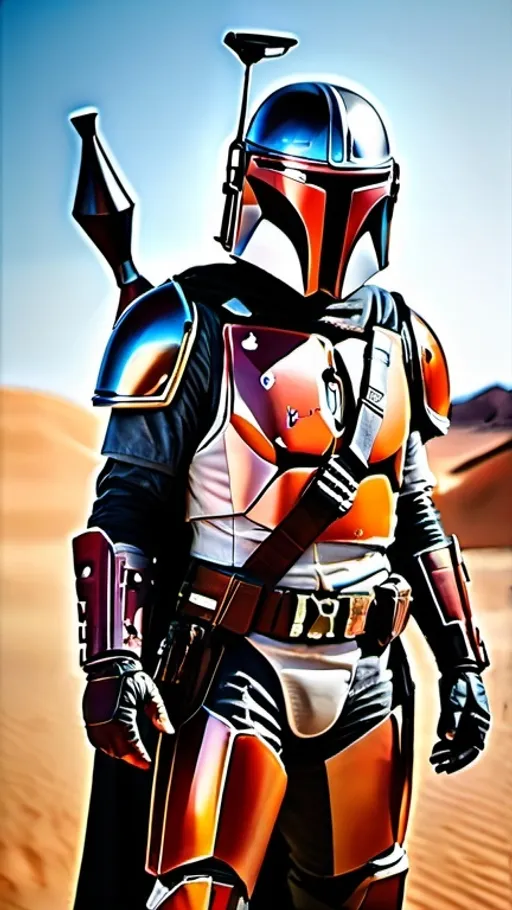 Prompt: selfie of the Mandalorian, standing in a desert setting, (((full body visible))), looking at viewer, portrait, photography, detailed skin, realistic, photo-realistic, 8k, highly detailed, full length frame, High detail RAW color art, piercing, diffused soft lighting, shallow depth of field, sharp focus, hyperrealism, cinematic lighting, full body