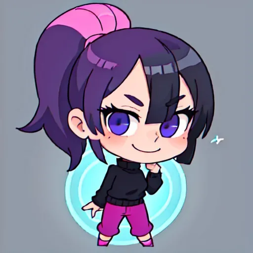 Prompt: bright colors, subtle smile, adult female, dark purple hair, one ponytail, light blue eyes, cut over left eye to on cheekbone, black sweater, pink pants, 