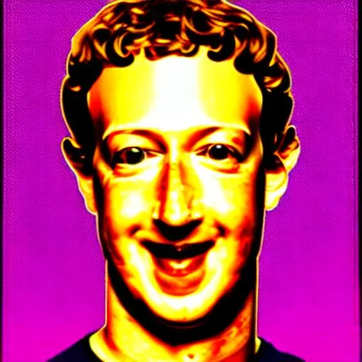 Prompt: pop art of awkward likable Mark Zuckerberg Metaverse famous cultural icon in the style of Warhol and vaporwave