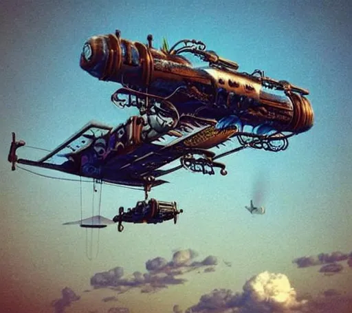 Prompt: fantasy sci-fi steampunk flying boat floating in the sky, cog, pipe, steam, mechanic atmosphere 