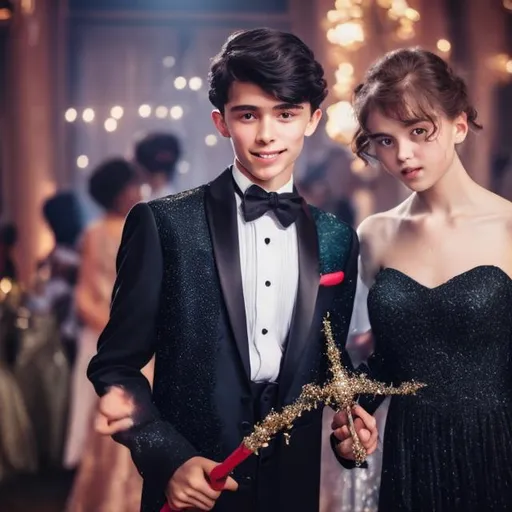 Prompt: Boy in a tuxedo holding his magic wand and standing next to his girlfriend who is in a big red puffy sparkly ball gown at prom