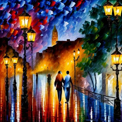 Prompt: couples walking along riverwalk in san antonio texas at night in the style of leonid afremov